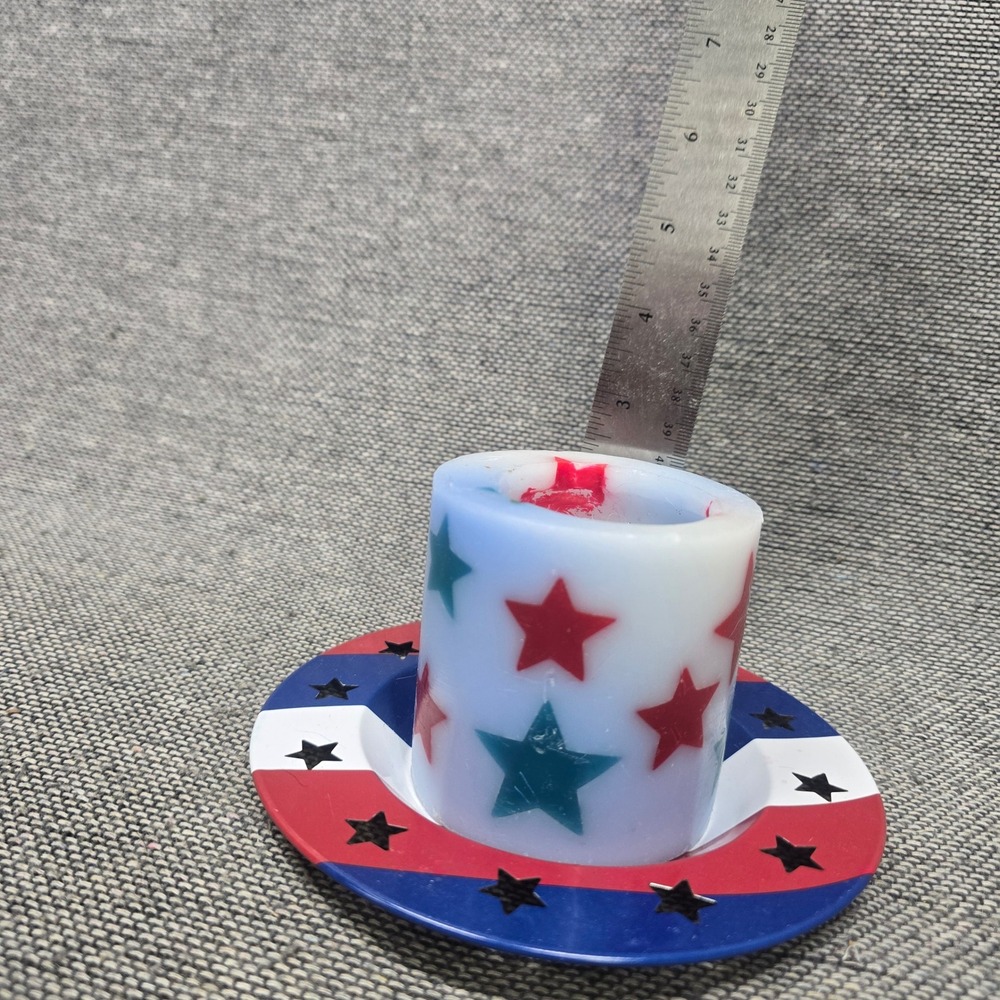 Patriotic Star Candle & Metal Saucer Set 6in Red White Blue Good Stars